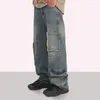 Мужские джинсы Y2K Vintage Washable Plush Edge Multi Pocket Pright Pright Tube Design Design Lose Relced Pants