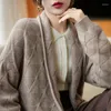 Women's Trench Coats Autumn And Winter Cashmere Knitted Cardigan With Lapel Solid Sweater Medium Length Diamond Pure Wool Coat