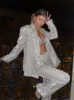 Женские брюки с двумя частями Taruxy Sliver Sparkly Негабаритные наборы пиджаков для женщин, подходящих для женщин, повседневного блеска и брюк, наборы блейзер Femme Mujer Party 230822