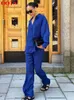 Womens Two Piece Pants OOTN Office Blue Satin Sets Female Elegant Long Sleeve TurnDown Collar Shirt Elastic Waist Wide Leg Suits Women Fall 230821