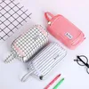 Learning Toys New Brief Grid Student Double-layer Pencil Case School pen Case for Girls Boys Stationery Large canvas Pencil Bag estojo