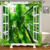 Shower Curtains 3D Printed Forest outside Window Bathroom Shower Curtain Green Natural Landscape Decoration Waterproof Curtain with Curtain R230822