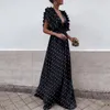 Dot Printed Pleat Cap Sleeves Long Women Party Evening Dresses New Sexy Deep v Neck A line Floor Length Fashion Women Casual Dress