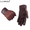 La Spezia Mens Guette in pelle scamosciata touch screen maschio blu navy blu guanti termici cerotto solido cuoio in pelle autunno inverno guanti uomini 20269y