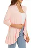 Women's Knits Tees Autumn Solid Color Cardigan Women Jacket Threequarter Sleeve Ruffle Top Streetwear Pink 230821