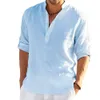 Men's Casual Shirts Men Cotton Linen Tshirts Summer V Collarless Long Sleeve Solid Sand Beachwear Office Man Tee Shirt Tops BSDFSZT167 230821