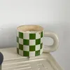 Kubki retro zielony szachownica ceramiczna kubek fatowy kubek kawa latte para woda koreańskie akcesoria