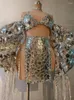 Stage Wear Sexy Shining Silver Laser Glitter Bubble Sleeves Birthday Celebrate Lacing Outfit Party Costume Dancer Performance Show Suit