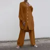 Dames tweedelige broek Autumn Fashion oversized set voor vrouwen casual reversknoppen lantaarn mouwen lang shirt breed poot rechtstreeks pak