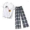 Women's Sleepwear Home Trousers Women Aesthetic Pajamas Straight Leg Pants Plaid Set Guinea Pig Vintage Sleep Clothes For Girls