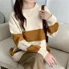 Kvinnors tröjor stripe pullover tröja för kvinnor på hösten och vinterkoreansk version Lossa utländsk luftfärgkontrast Rund hals QWI5