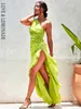 Urban Sexy Dresses LOVE LEMONADE Bright Green Off The Shoulder Cutout Ruffled Reflective Satin Party Maxi Dress LM82202 A 230822