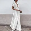 Dot Printed Pleat Cap Sleeves Long Women Party Evening Dresses New Sexy Deep v Neck A line Floor Length Fashion Women Casual Dress