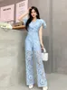 Frauen zweisteuelhafte Hosen Koreaner Sommerstil Promi Set Spitze V-Ausschnitt Kurzarm Top High Taille Wide Bein Sets