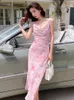 Casual jurken Zomer Fairy Lange jurk voor vrouwen Elegante zoete roze print sexy riem slanke midi feest strand gewaad femme mujer vestidos straat