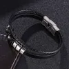 Charm Bracelets Trendy Stainless Steel Double Layer Black Braided Leather Bracelet For Men Jewelry Woven Party Bangle Male Wristband Gift