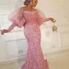 Puff Sleeves Mermaid Evening Dresses Aso Ebi Lace Appliques Prom Dress Plus Size Sheer Neck Formal Party Gowns242M