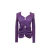 Pulls pour femmes col carré printemps manches longues femmes tricot violet couleur boutons froncé plis dame haut court pulls