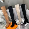 Designer High Heels Over Knee Suede Women spetsade läderbotten Fashionabla stövlar