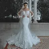 Luksusowy Dubaj Saudyjska arabska koronkowa sukienka ślubna syrena seksowna iluzja Długie rękawie sukienki panny młodej kryształy koraliki sukienki ślubne suknie ślubne
