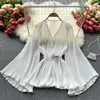 Women's Blouses 2023 INS Top Luxury Designer Flare Sleeves Heavy Work Pleated Waist Closure Temperament Versatile Chiffon Shirt