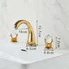 Badrumsvaskar kranar bassängen kran svart utbredd kran mässing guld 3 hål kristallhandtag och kallt vatten