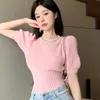 Women's Sweaters Heavyduty Beaded High Waist Short Chic Sweater Summer Design Niche Sweet Tight Slimming Shortsleeved Top 230822