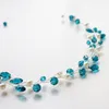 Hair Clips Lake Blue Color Crystal Women Hairbands Jewelry Accessories Pearl Head Decoration Wedding Bridal Ornament Vine Tiara