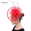 Breda Brim Hats Bucket Kenucky Red Big Fascinator Ladies Elegant Church Wedding Party Cocktail Hair Clips Mesh Accessories 230822