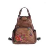 School Bags Vintage Double Shoulder Genuine Leather Backpack Woman Floral Women's Real Cow Backpacks Retro Ladies Handbag