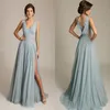 Gorgoues Dusty Blue Evening Dresses V Neck Sleeveless Appliques Chiffon Draped Back High Split Sexy Formal Evening Gowns Sweep Tra3278