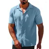 Koszule męskie swobodny letni klapa solidna koszula lniana z krótkim rękawem