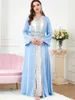 Ethnische Kleidung muslimische Frauen Dubai Luxus Abaya Islam Hijab Kleid Ramadan Robe Kimono Cardigan Zweiteiler Stickerei Split Abend Maxi