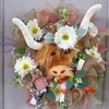 Decorative Flowers Artificial Wreath Highland Cow Silk Flower Home Front Door Decoration Realistic Garland Christmas Window Hanging Ornament