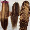 Synthetische Perücken 13x6 Highlight Perücken menschliches Haar Braunes Spitzenfront Kinky Curly für Frauen tiefe Welle transparent Frontal 230821