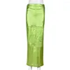 Blusas femininas sexy fenda brilhante luxuoso longa saias mulheres altas cintura metálica verde maxi saia