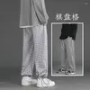 Herrbyxor sommar tunna män mode vintage pläd japansk streetwear hip-hop lösa raka män byxor m-3xl