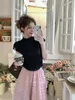 Arbetsklänningar Iyundo French Style Two Piece Sets Short Sleeve Mock-Neck Black T-shirt och hög midja Tierred En linje Long kjolar