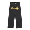 Jeans masculinos Men bolso Harajuku Loose Fire Fire Fire Star Graphic calça de jeans reta Streetwear Hip Hop Baggy