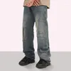 Мужские джинсы Y2K Vintage Washable Plush Edge Multi Pocket Pright Pright Tube Design Design Lose Relced Pants