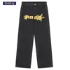 Jeans masculinos Men bolso Harajuku Loose Fire Fire Fire Star Graphic calça de jeans reta Streetwear Hip Hop Baggy