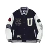 Jaquetas masculinas Retro Baseball Bomber Bomber Men Mulheres Mangas de couro soltas Mangas de retalhos Red Lapela Varsity Coats Hip Hop Casal Casual Streetwear J230821