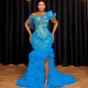 2023 August ASO EBI Blue Mermaid Prom Kleid Perlen Spitzenkristalle Abend formelle Party zweite Rezeption Geburtstag Verlobungskleider Kleider Robe de Soiree ZJ7114