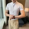 メンズカジュアルシャツ韓国スタイルの夏の刺繍半袖シャツ/男性スリムフィット高品質のラペルプラスサイズS-4XL