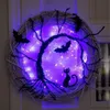 Andra evenemangsfestleveranser Halloween Wreath Light Up Accessorie Ornaments Black Bat Cat Spooky Party Wreath With Light Glowing Garland för ytterdörrväggen 230821