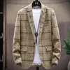 Erkekler Takım İş Ofisi Blazer Erkekler Bahar Sonbahar Erkek Örgü Ekose Takım Moda Tek Düğmesi Sosyal Ceket Ceket