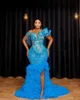 2023 August ASO EBI Blue Mermaid Prom Kleid Perlen Spitzenkristalle Abend formelle Party zweite Rezeption Geburtstag Verlobungskleider Kleider Robe de Soiree ZJ7114
