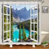 Shower Curtains 3D Printed Forest outside Window Bathroom Shower Curtain Green Natural Landscape Decoration Waterproof Curtain with Curtain R230822