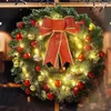 Decorative Flowers Green Pine Needle Christmas Wreath Sparkling Led Festive Garland With Glowing Bowknot Ball