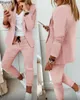 Women's Two Piece Pants Fashion Women Two Piece Set Outfits Spring Autumn Women Turn Down Print Blazer Coat Drawstring Pants Suit Women Casual Set 230821